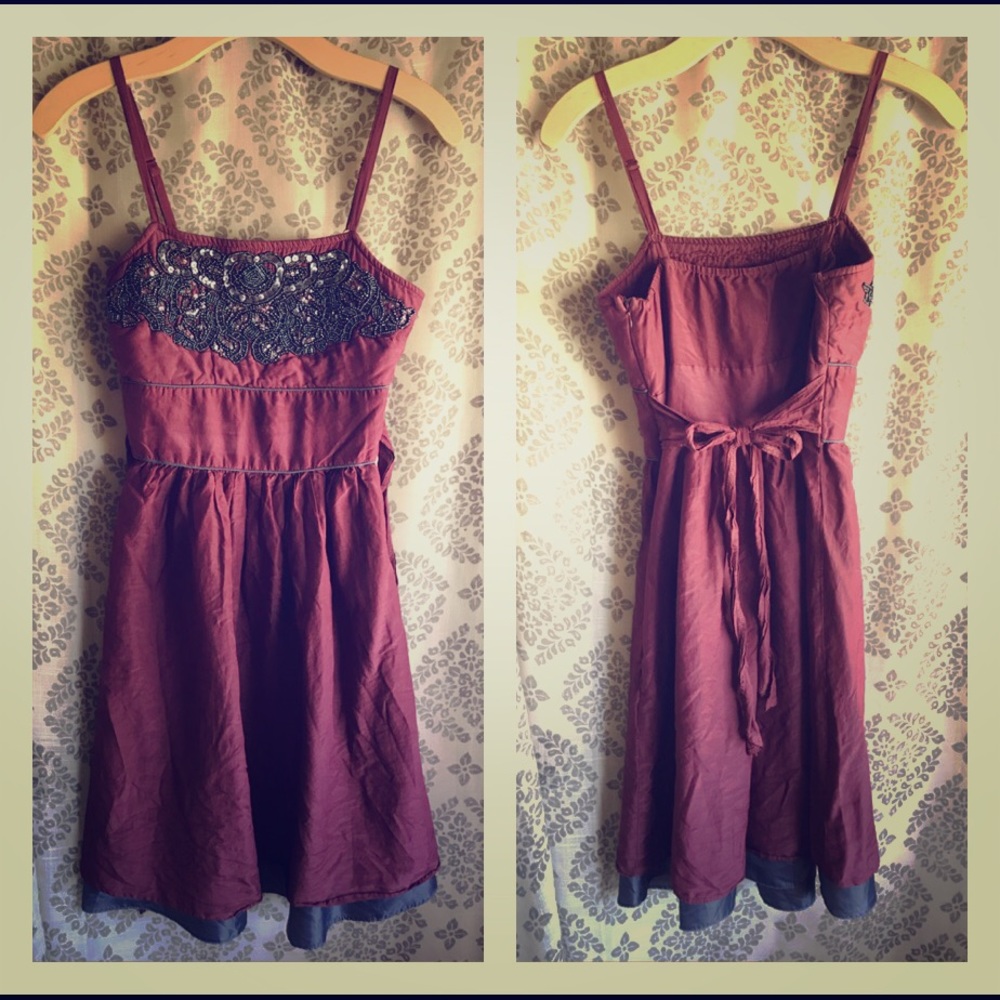 Buzz Burgundy Wine Beaded Spaghetti Strap Dress
